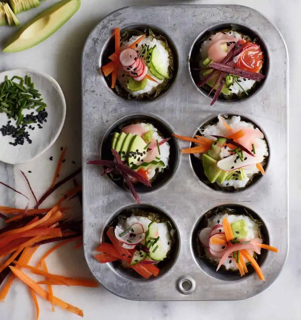 Easy vegetable sushi cupcakes.