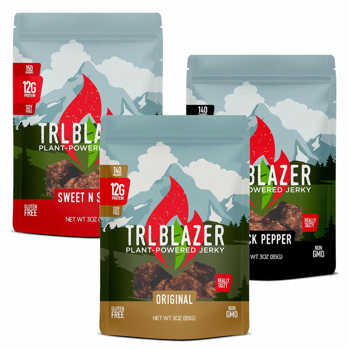 A selection of three flavors of TRLBlazer vegan jerky.