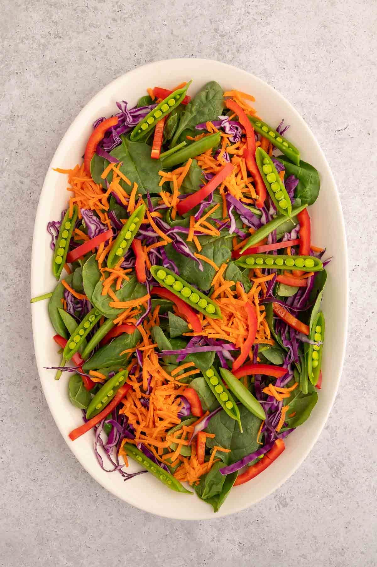 Thai salad with added colorful chopped veggies on top of spinach base.