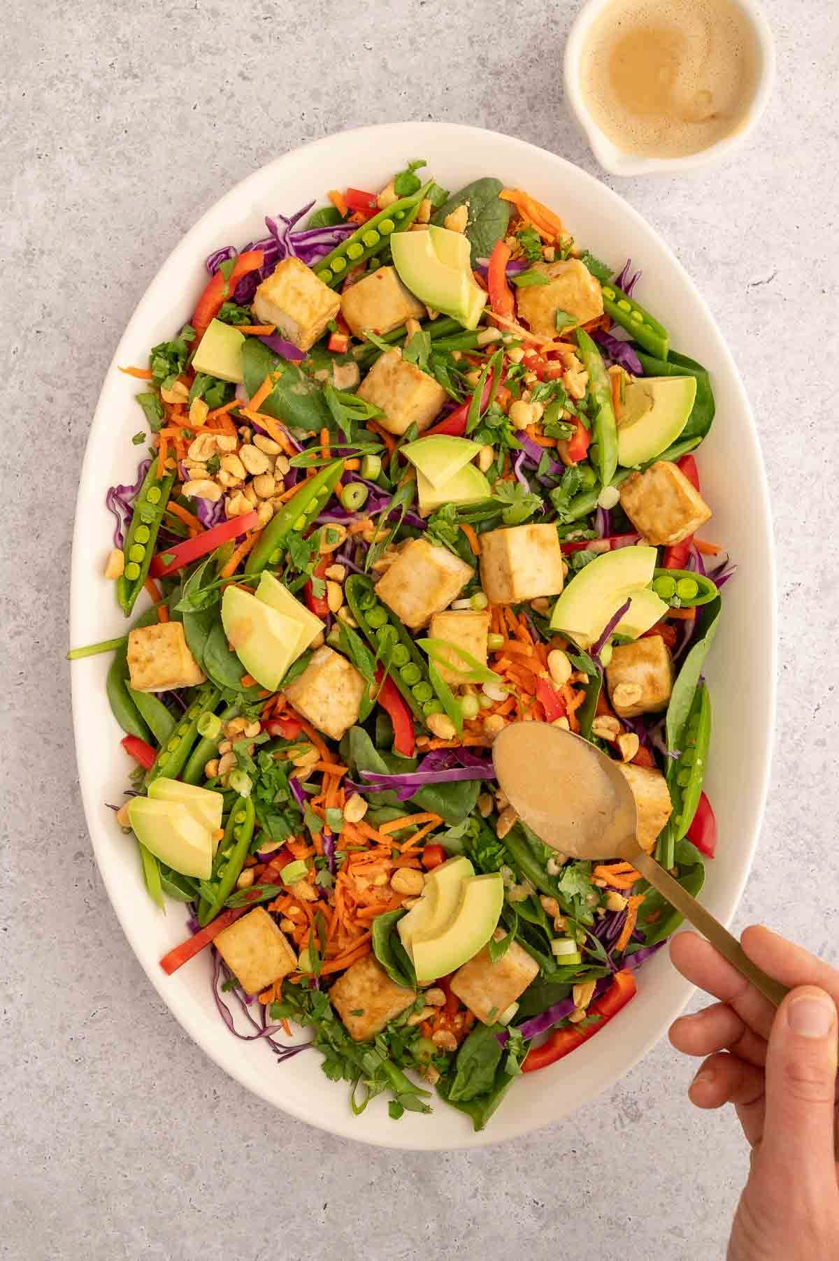A hand adding the peanut dressing to this completed Thai salad with veggies and baked tofu.