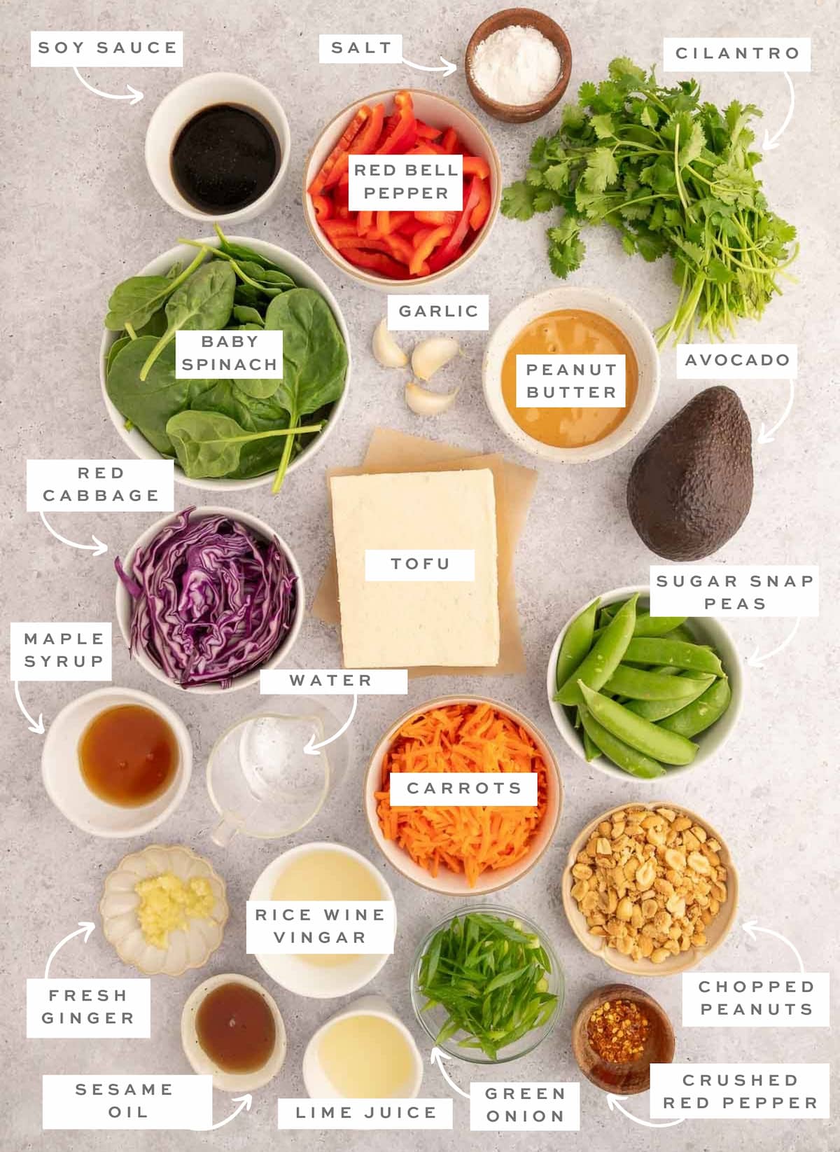 An overview of all of the ingredients needed for a Thai tofu salad with white labels.