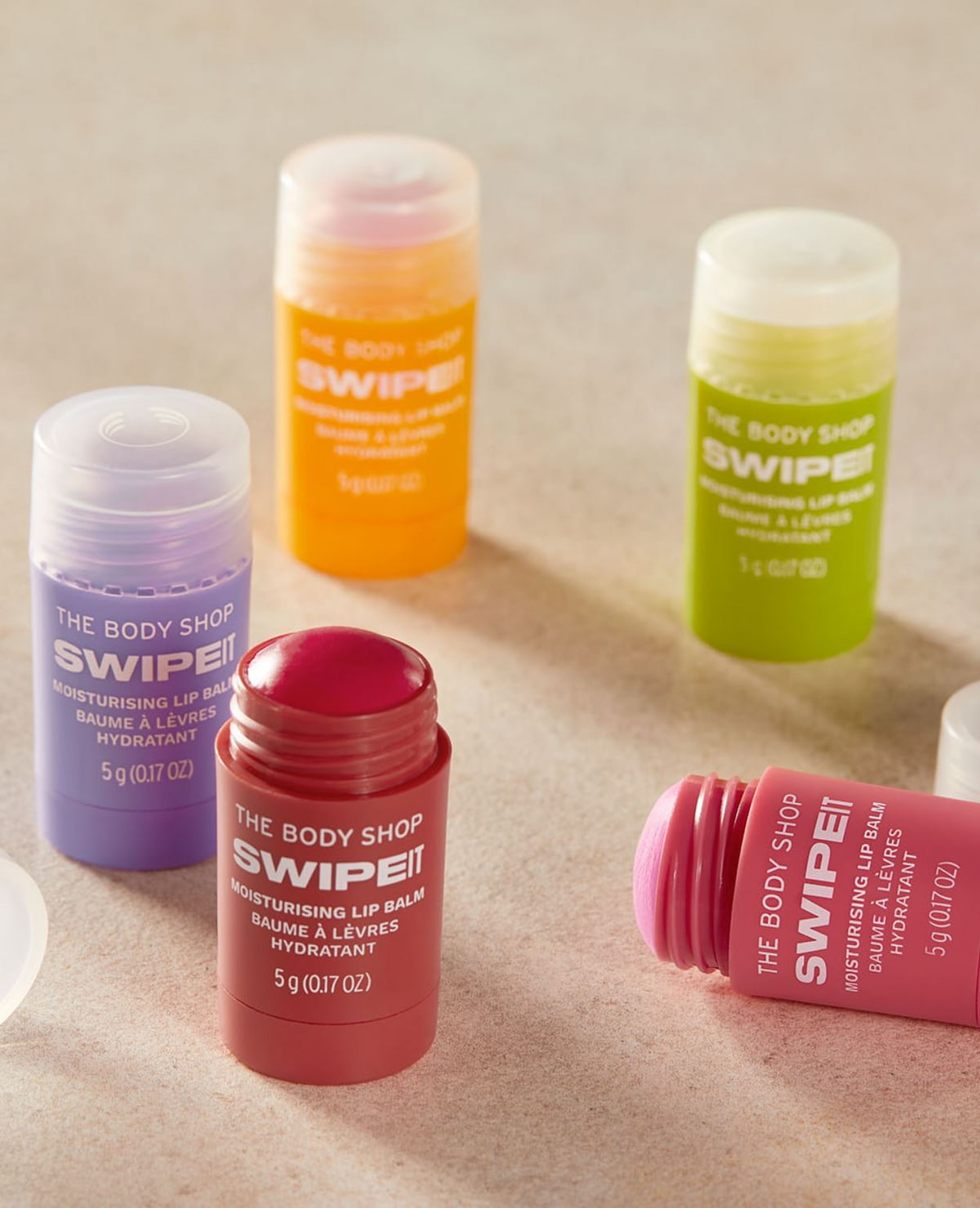 An assortment of lip balms from The Body Shop.