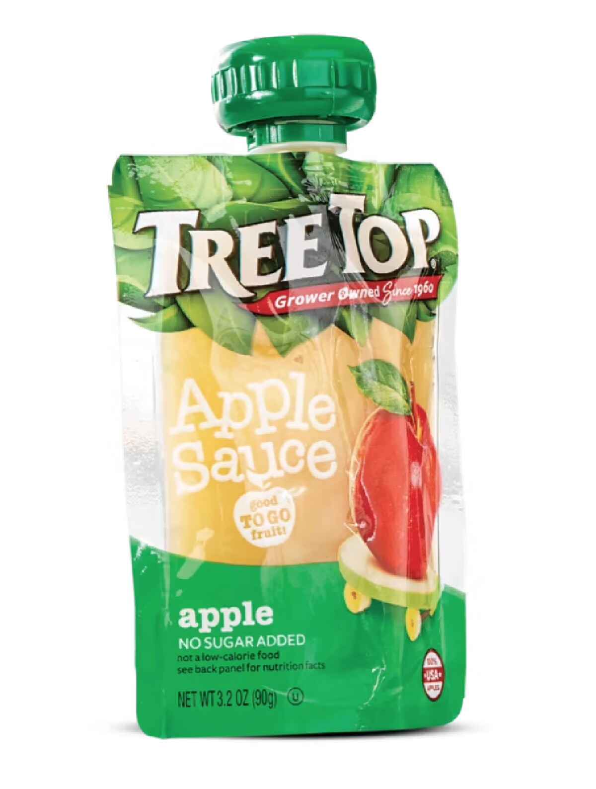 A green and red squeeze pouch of Treetop applesauce against a white background.