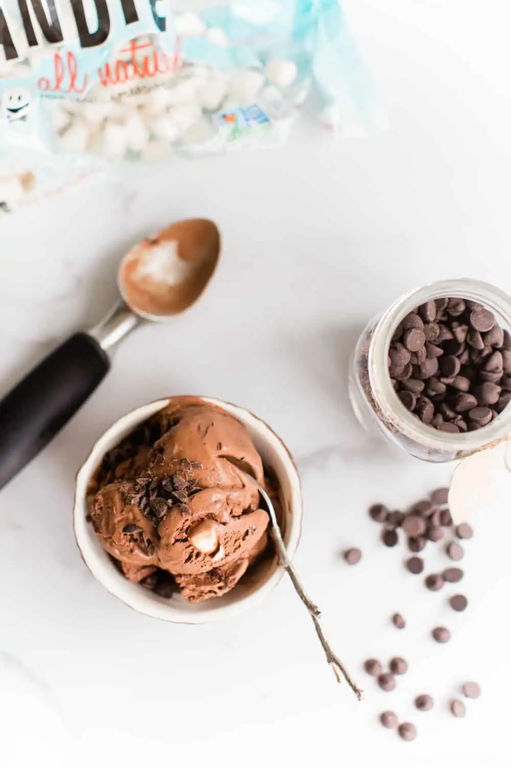Dairy-free rocky road ice cream with chocolate and marshmallows.