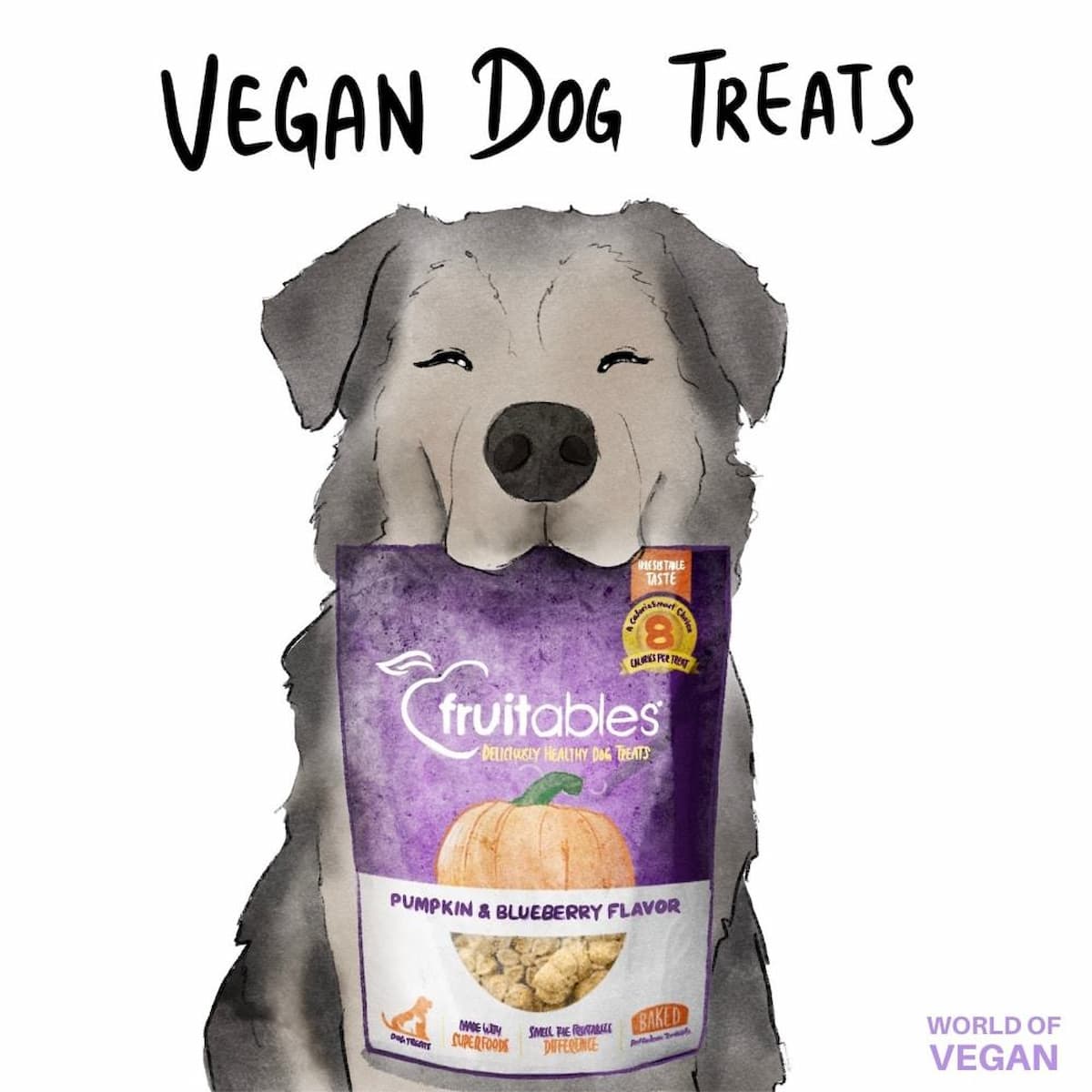 An illustration of a dog holding a bag of Fruitables vegan dog treats.