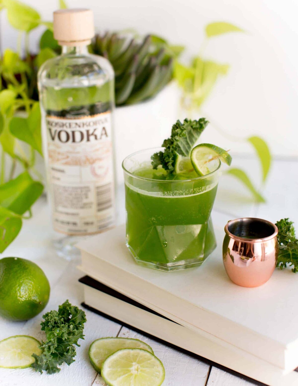 A kale cocktail made with cucumber and. vodka.