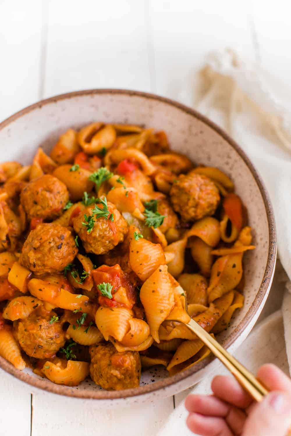 Vegan Instant Pot Pasta with Meatballs Served in a White Bowl