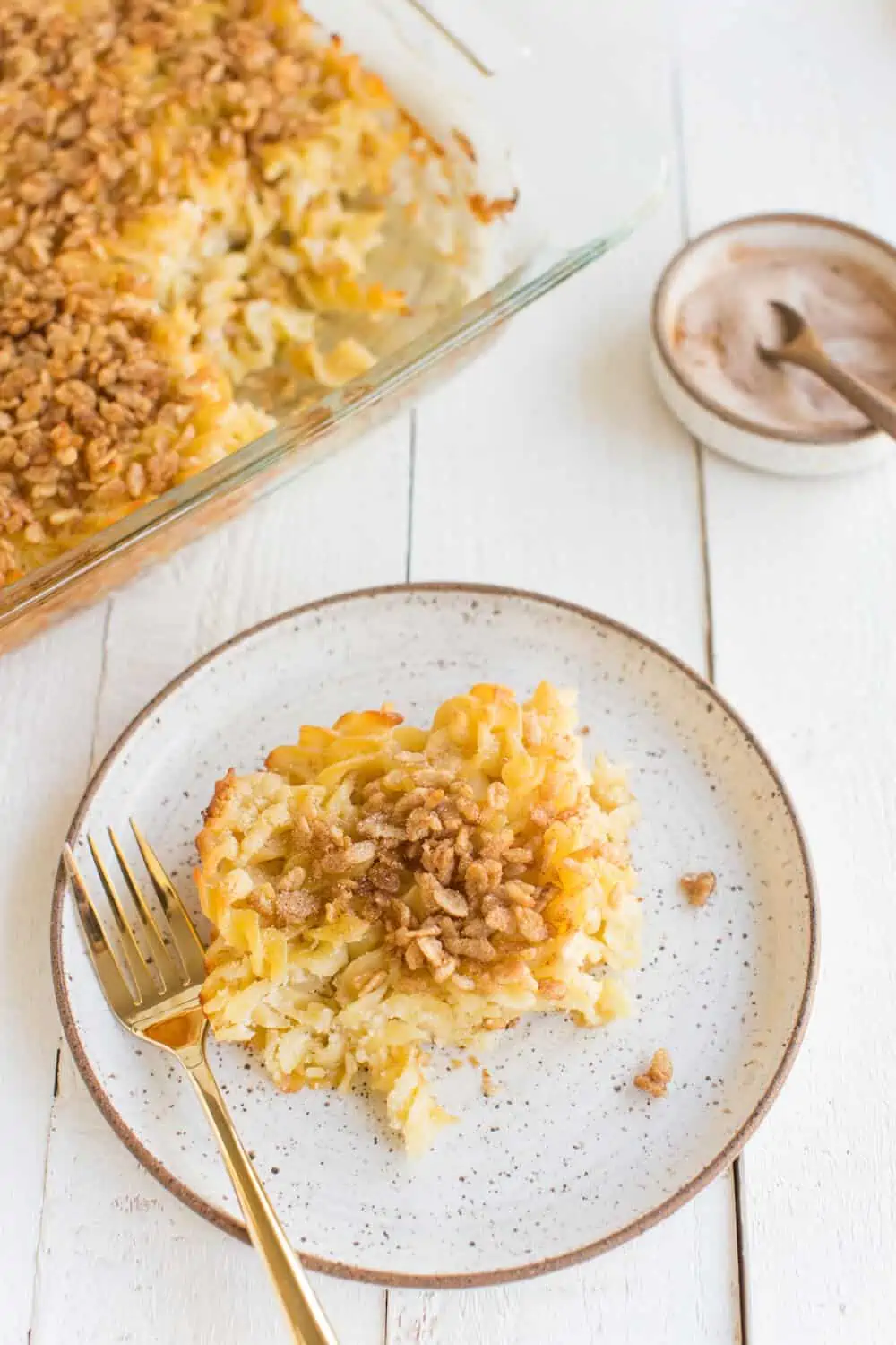 Vegan noodle kugel served on a plate – a dairy-free twist on a classic Jewish holiday side.