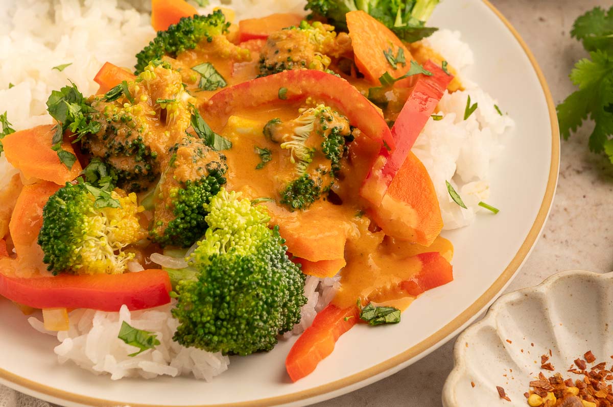 Close up of a vegan panang curry with vegetables on top of steamed white rice.