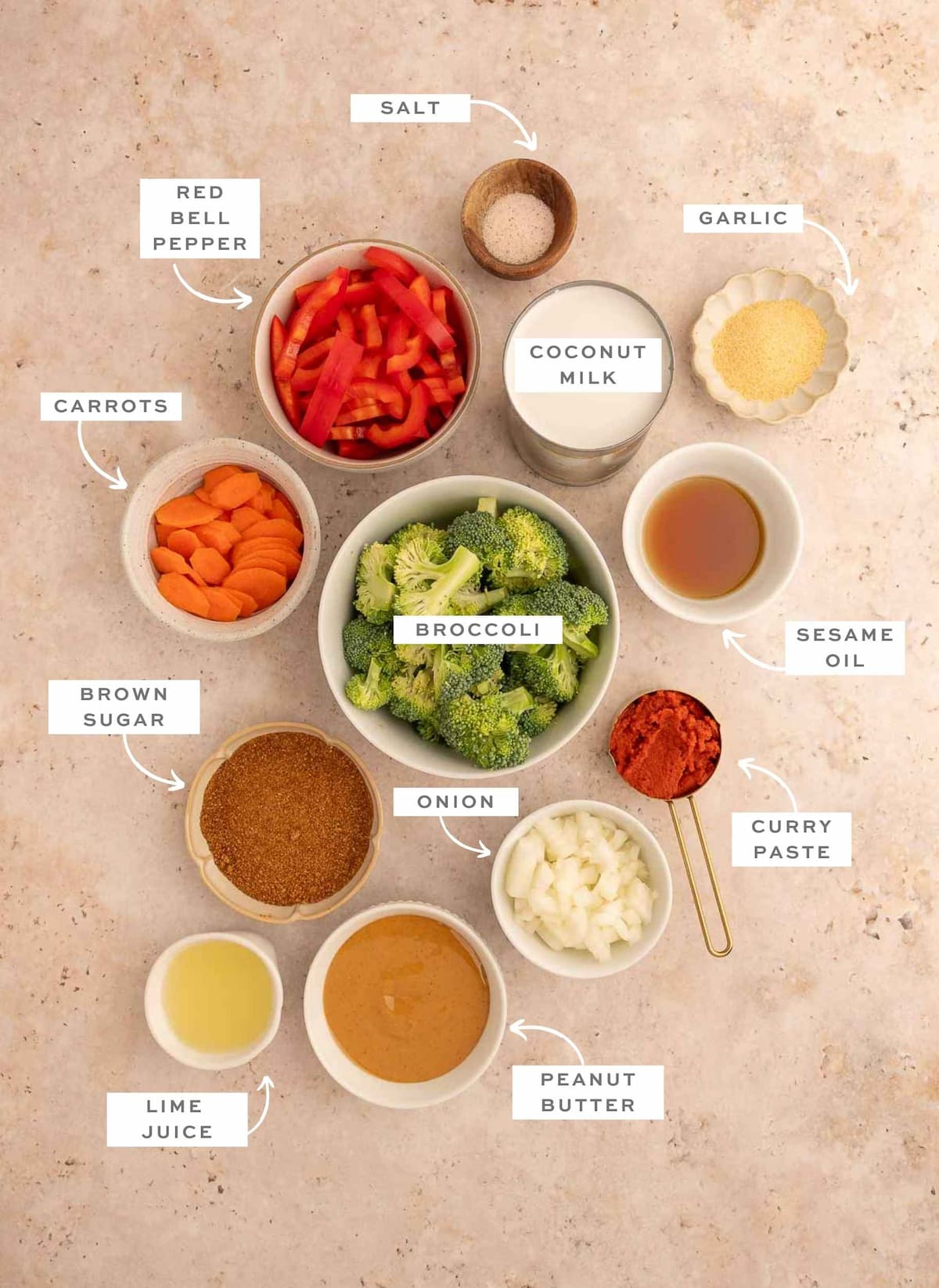 Ingredients for a vegan panang curry recipe labeled with white boxes.