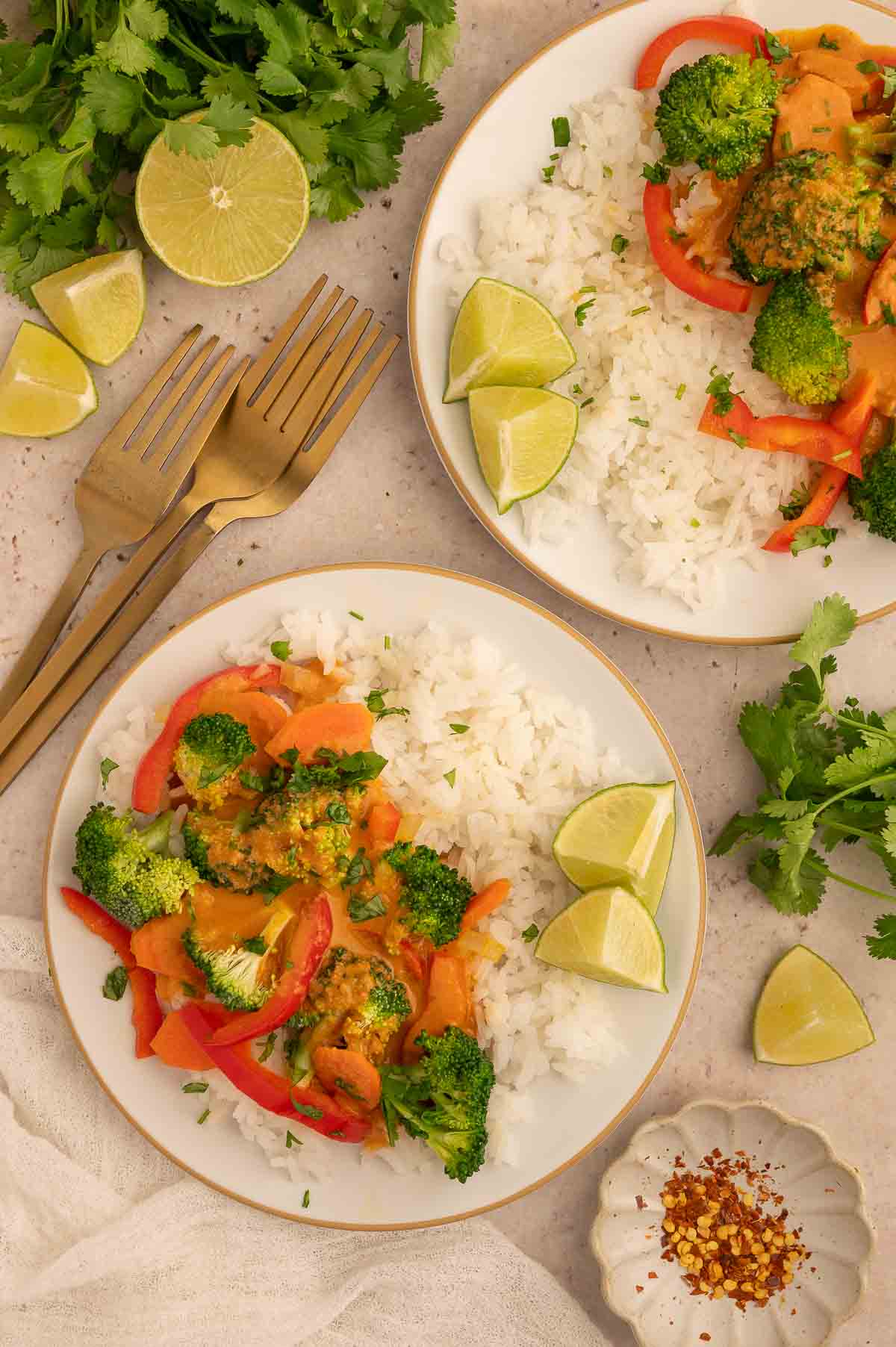 Two round white plates of a meat-free and dairy-free panang curry with vegetables and rice.