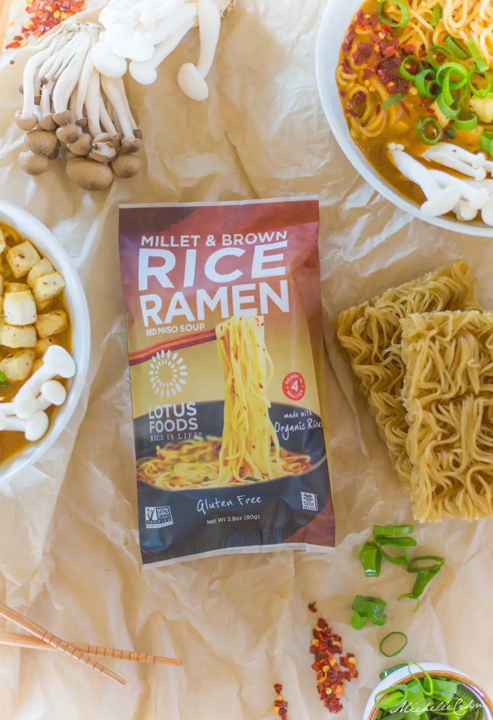 A package of gluten-free rice ramen made from Millet and Brown Rice from Lotus Foods.