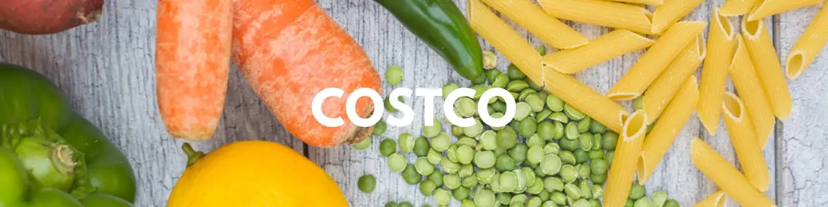 A variety of vegetables and fruits with the word Costco.