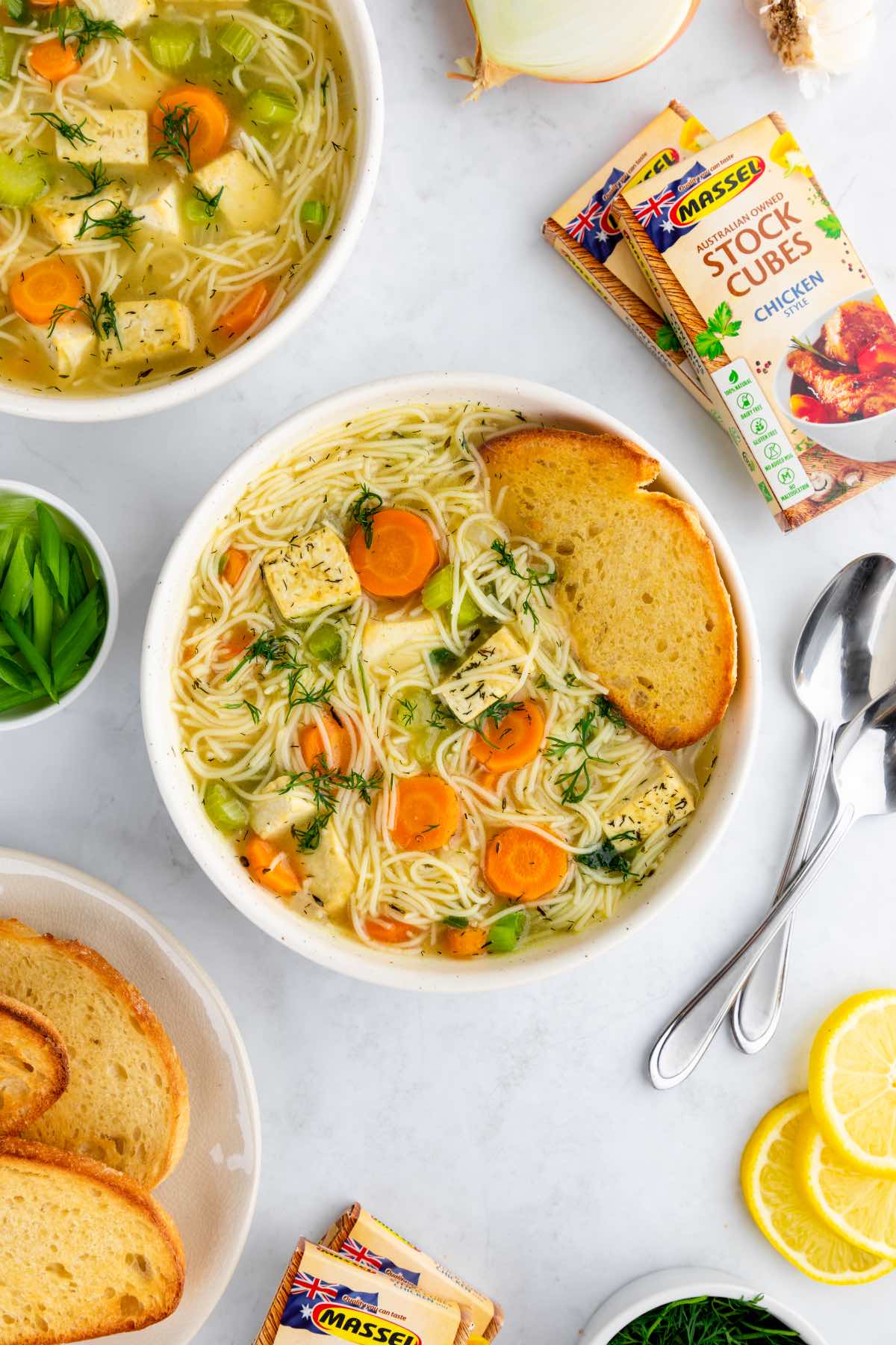 Plant-based noodle soup with Massel vegan chicken bouillon.