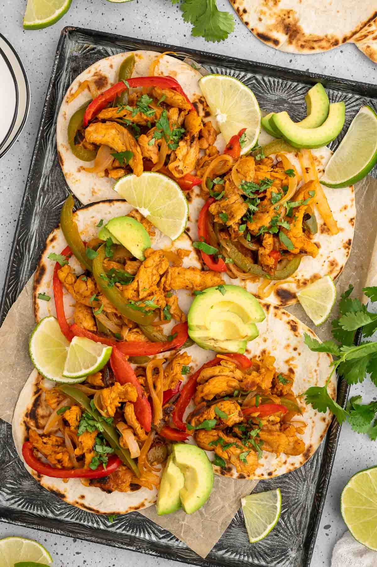 A sheet pan with vegan fajitas.