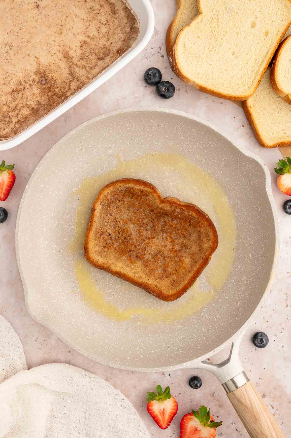 Vegan French toast in a skillet.