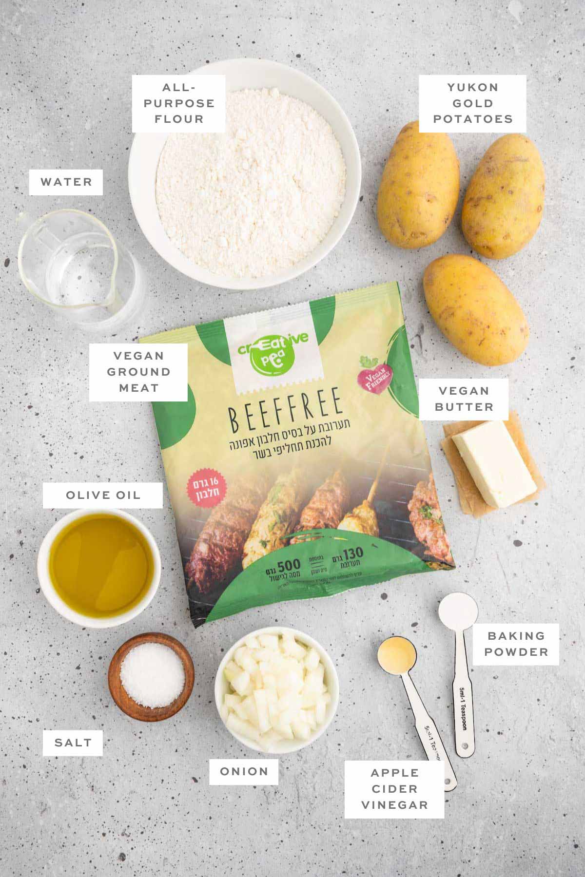 Key ingredients for vegan knish with labels.