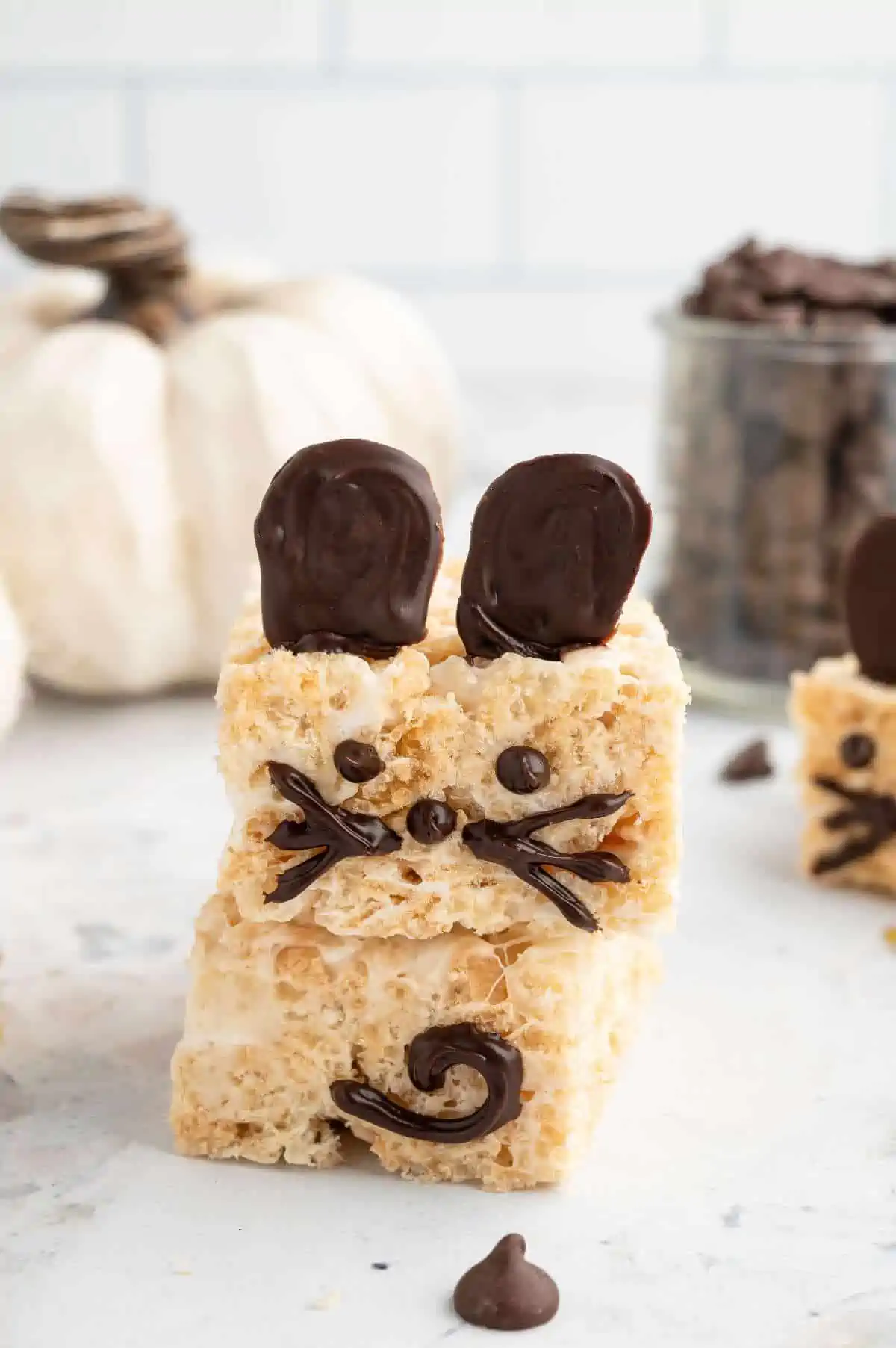 Two mice krispies stacked, one showing the face, the other showing the tail.