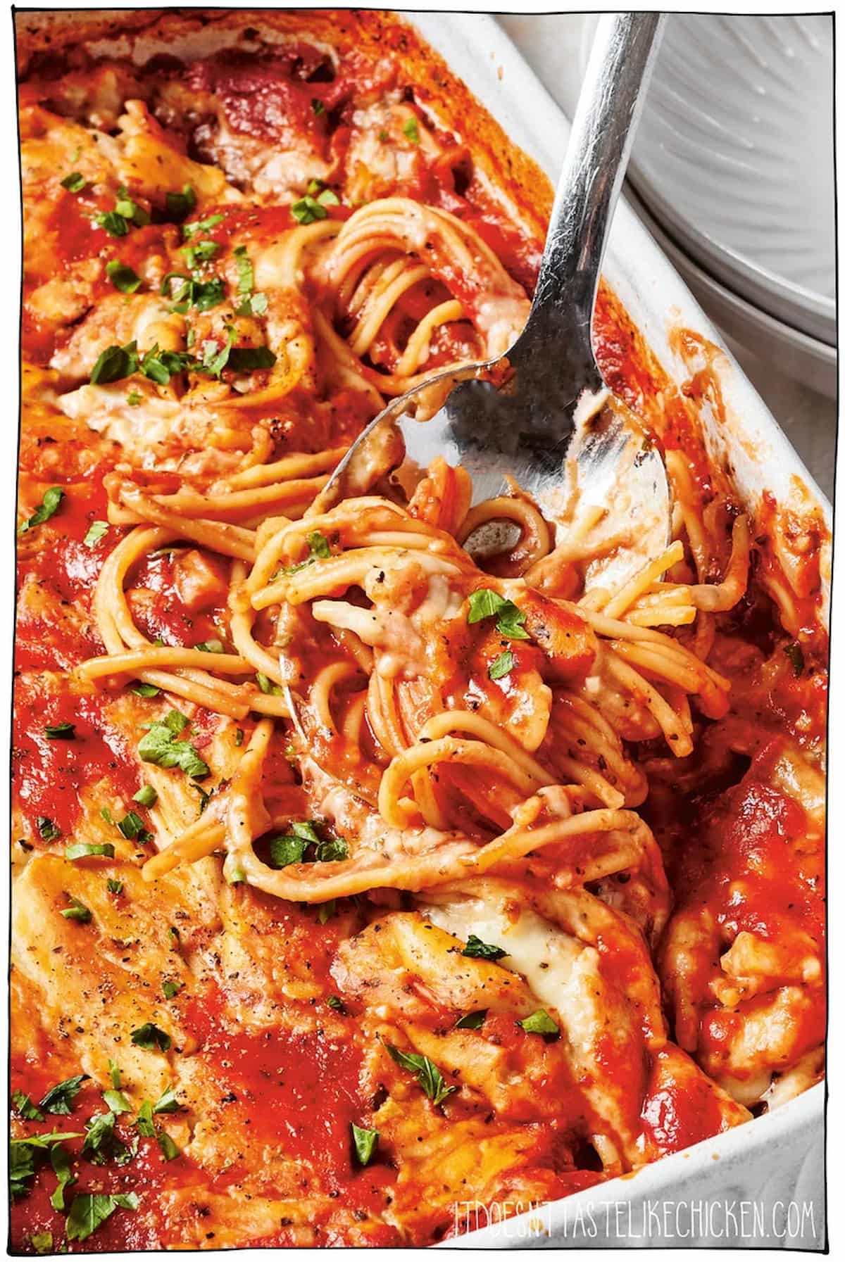 A vegan spaghetti bake.