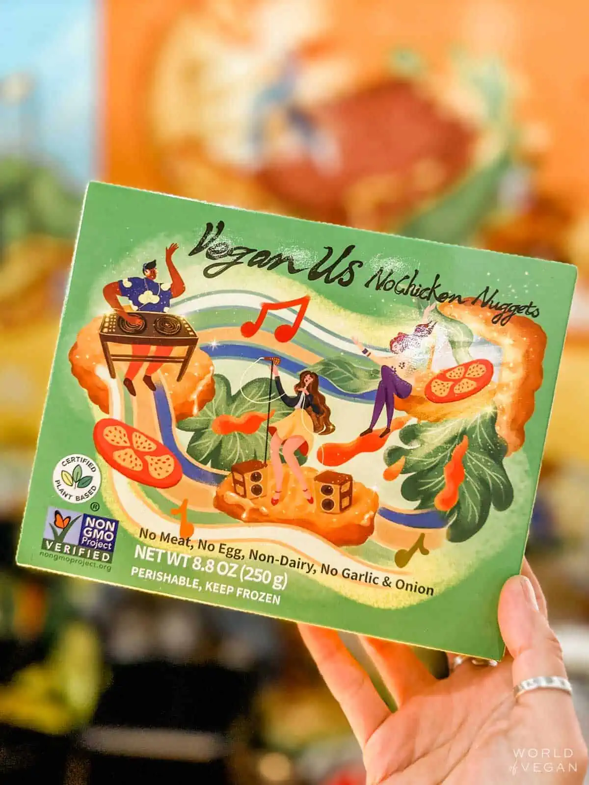 A package of VeganUs no-chicken nuggets.