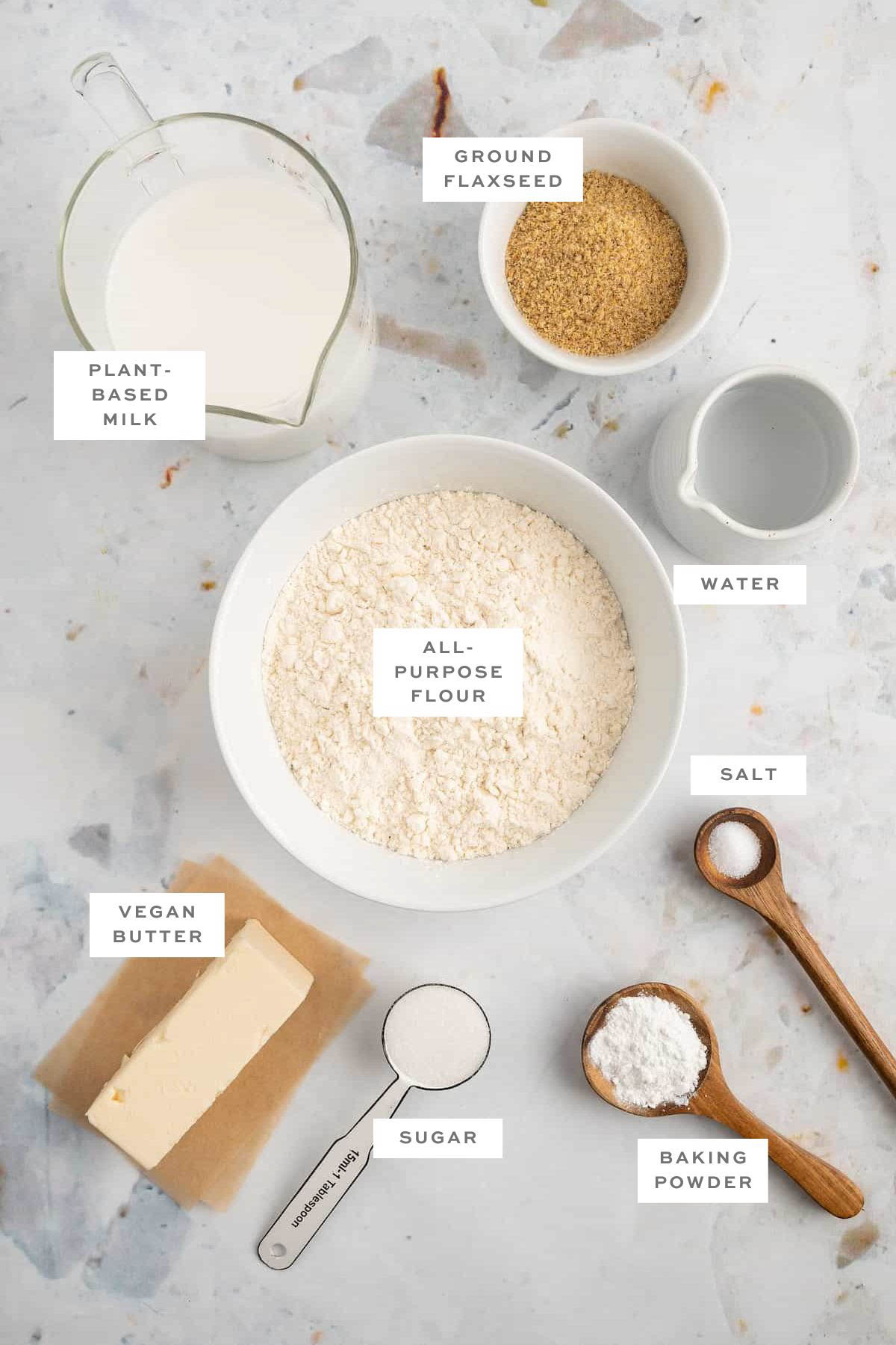 Ingredients for vegan waffles with labels.