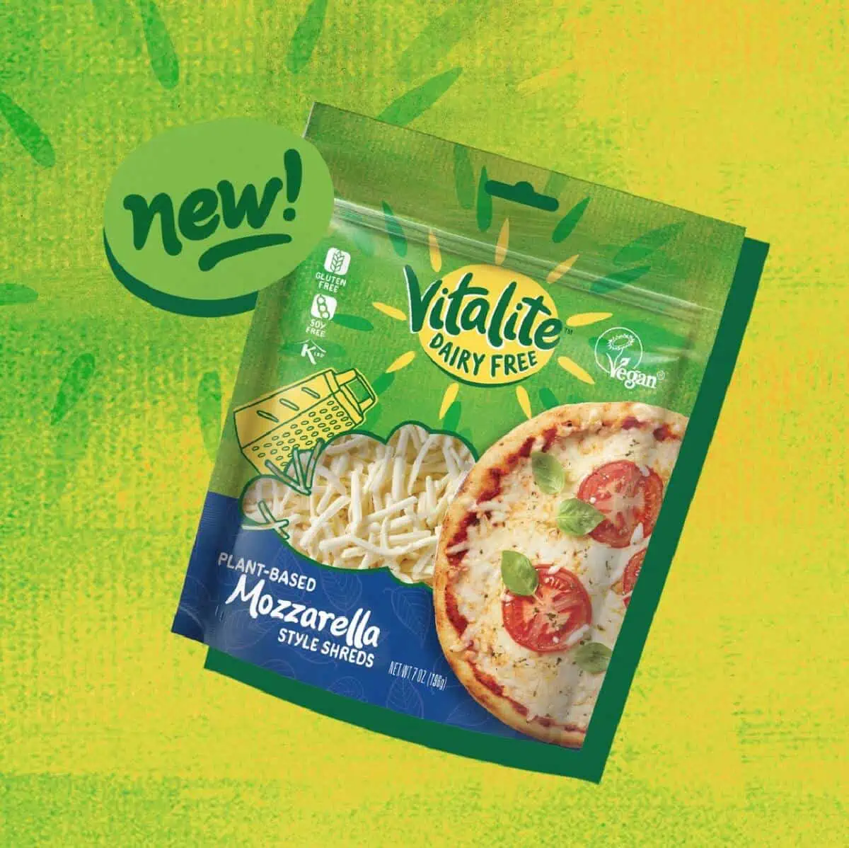 A green and blue pouch of Vitalite dairy-free mozzarella cheese shreds against a green and yellow background.