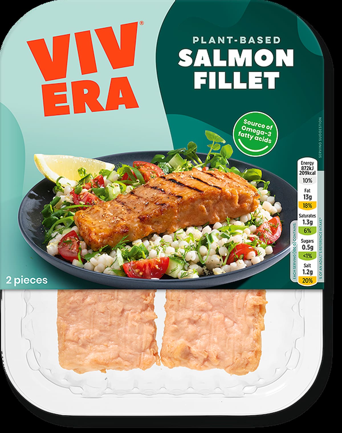 Vivera plant-based salmon fillet in brand packaging.
