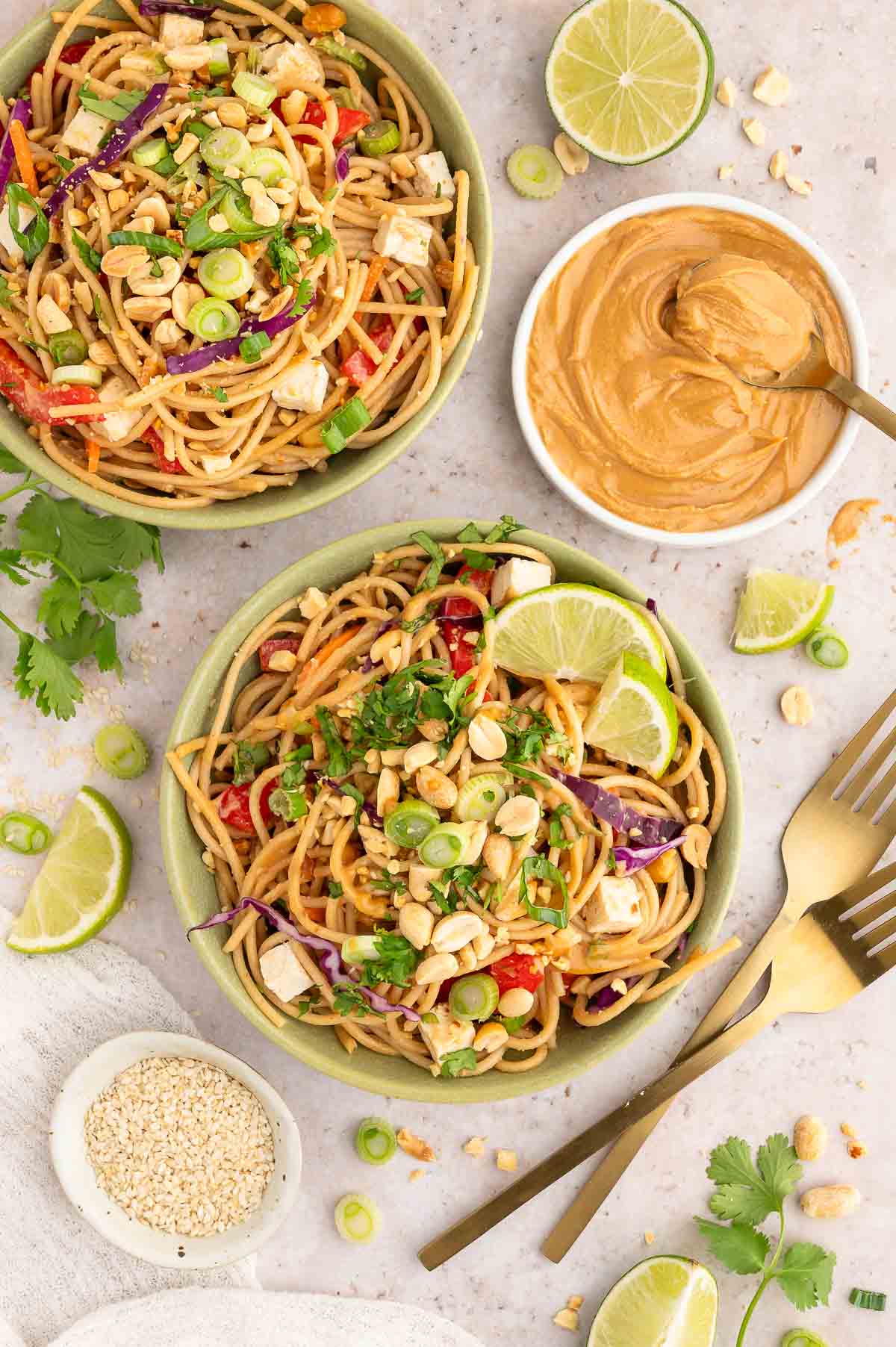 Cold noodle salads in bowl served with a bowl of peanut sauce on the side.