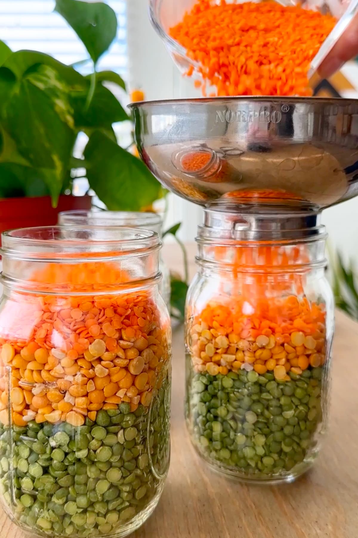 Dried lentils and split peas added to a mason jar.