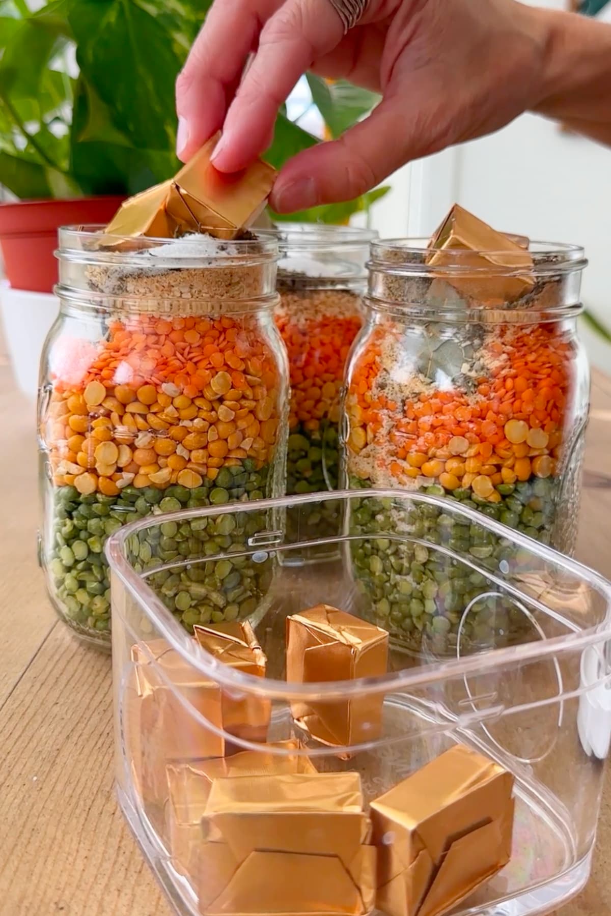 Vegetable bouillon cubes added to the top of the soup jars.