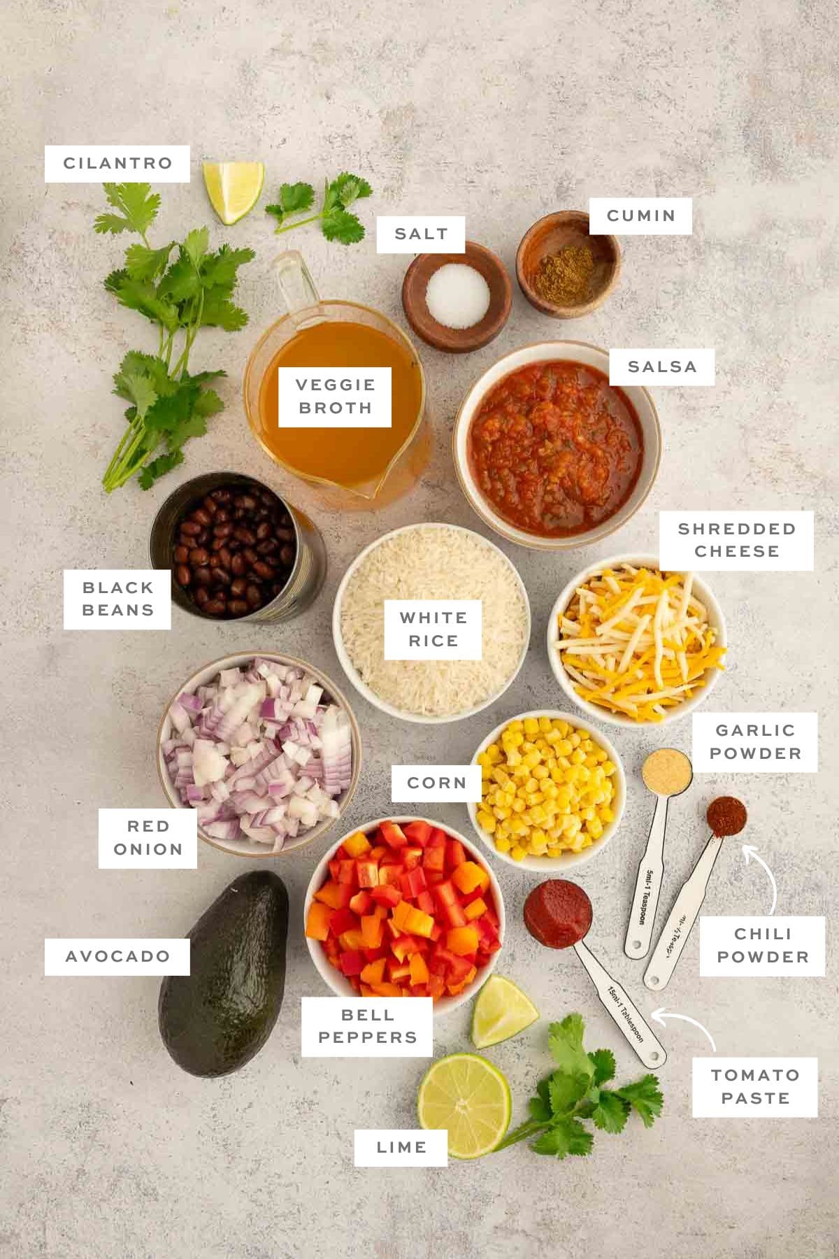 Gathered ingredients for this bean and casserole measured out in individual bowls with labels.