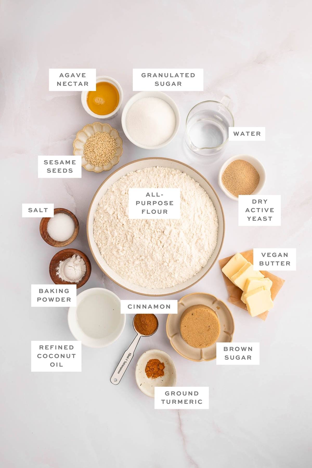 Ingredients for cinnamon challah, with labels.