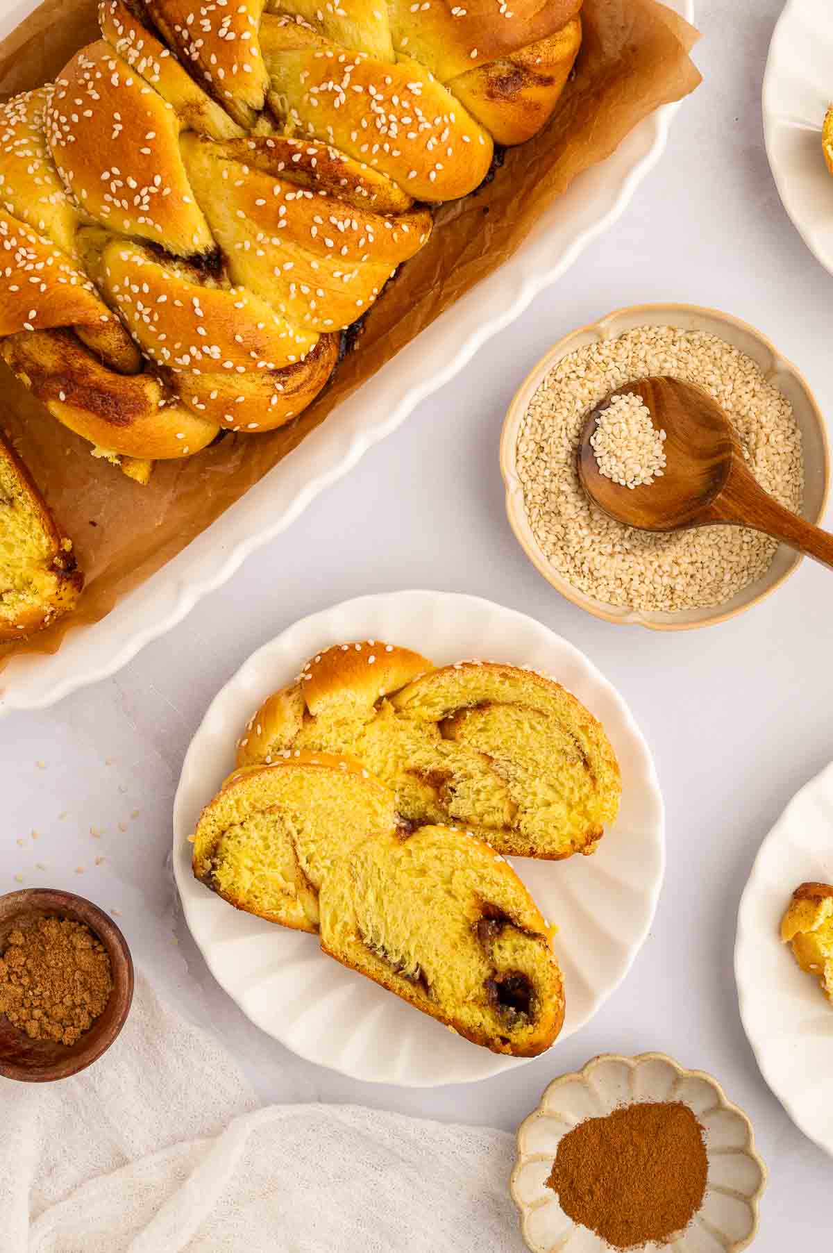 Two slices of cinnamon challah on a plate.