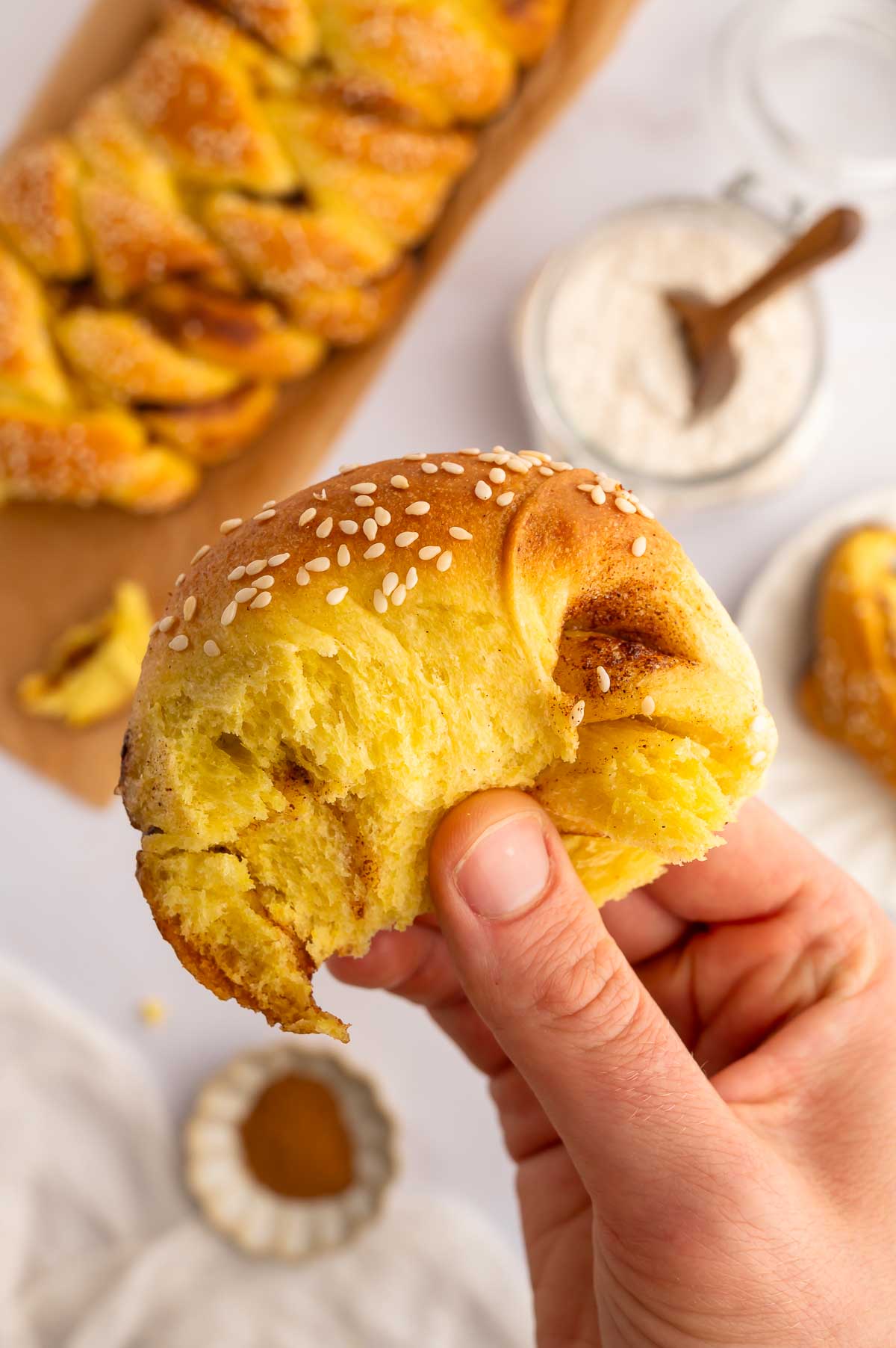 A piece of fluffy cinnamon challah.