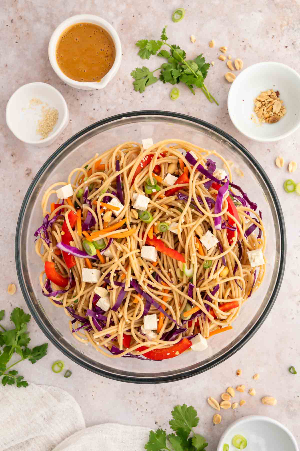 The cold noodle salad ingredients all mixed together in a large mixing bowl.