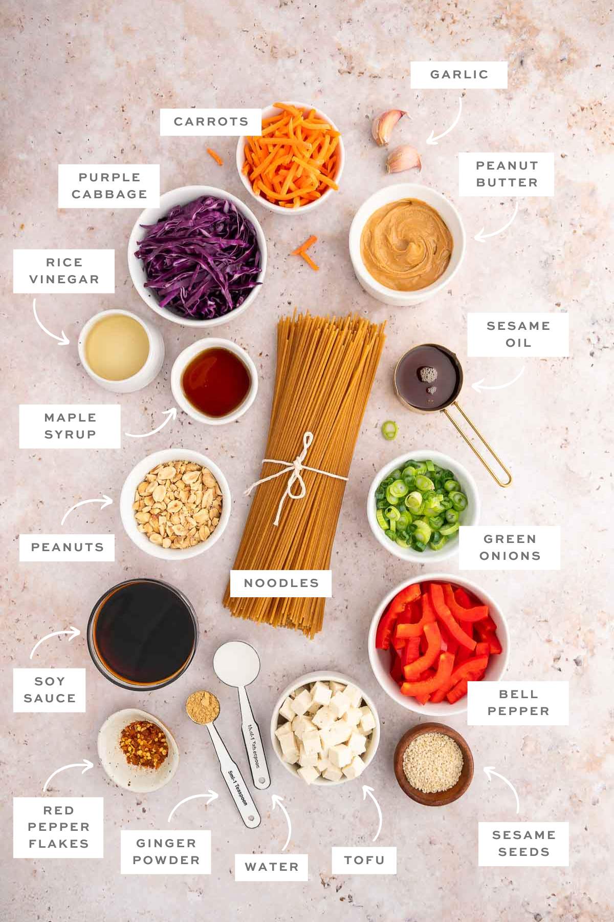 Ingredients for cold peanut noodle salad with labels.