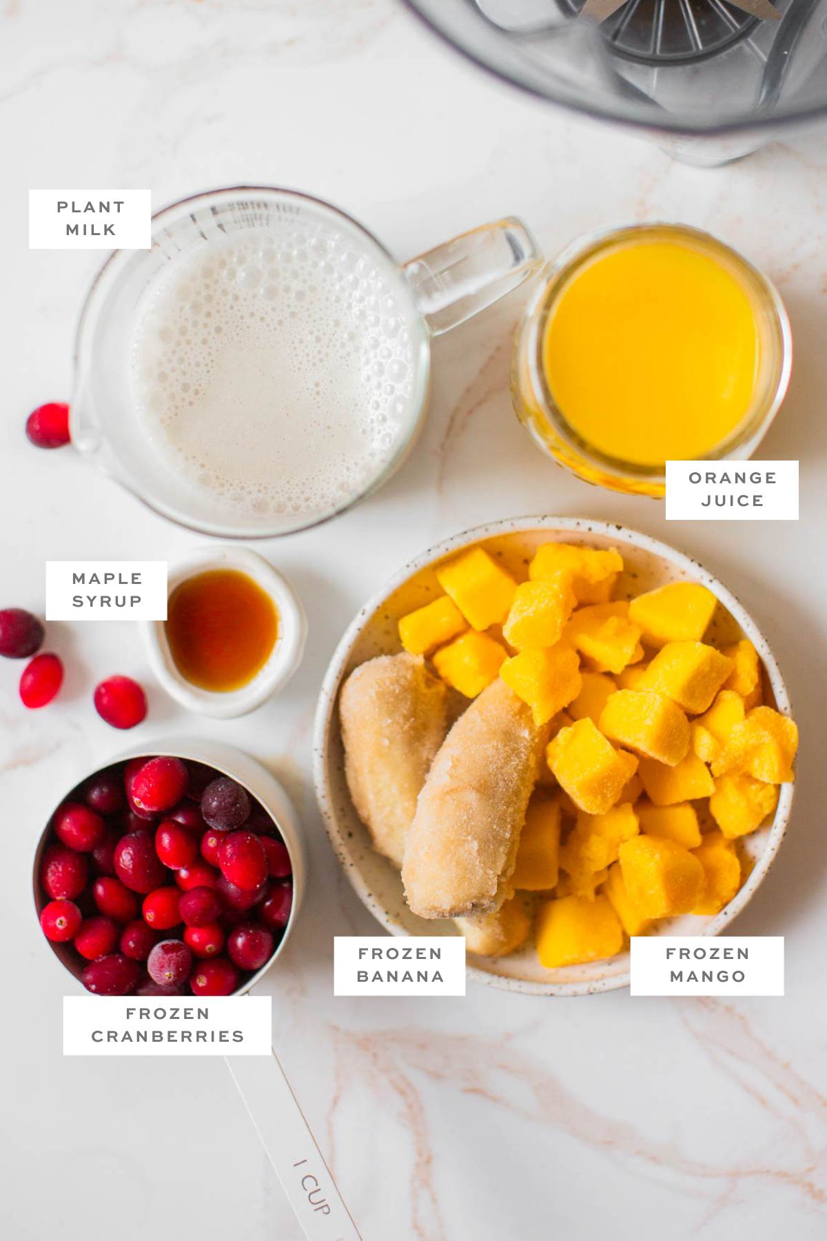 Gathered ingredients for a cranberry smoothie including frozen cranberries, bananas, mango, milk, and orange juice.