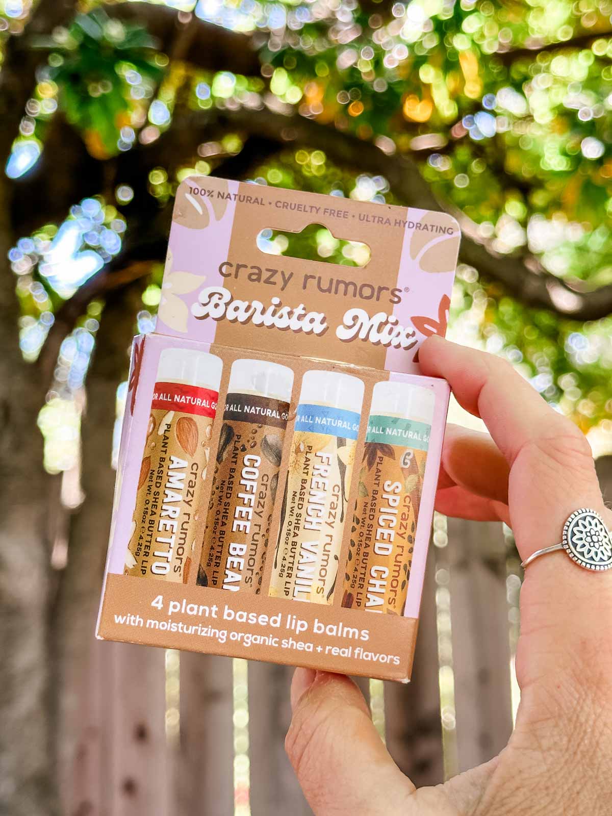 A package of Crazy Rumors brand vegan lip balm.