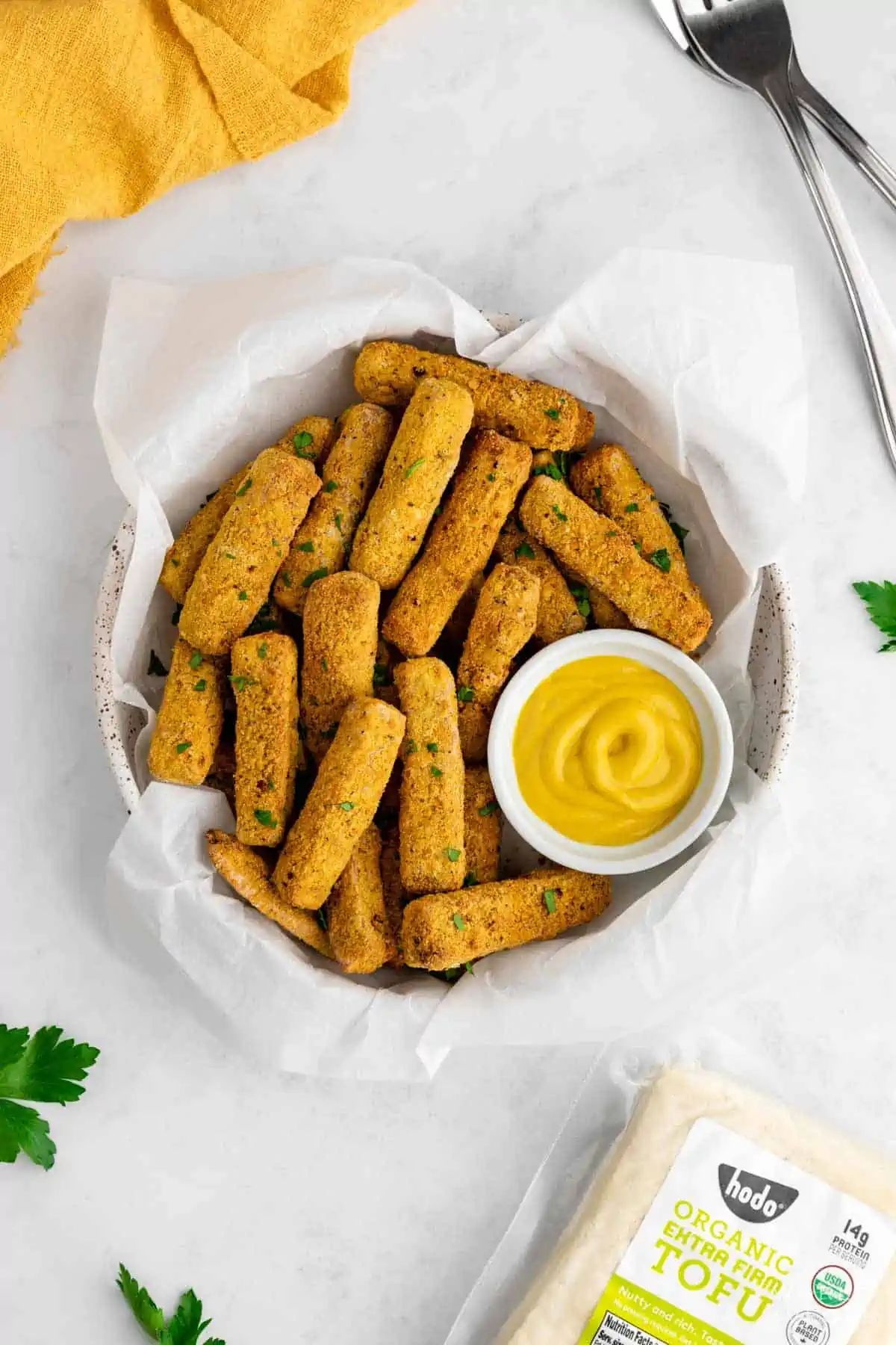 Crunchy tofu fries with dipping sauce—an easy and crowd-pleasing vegan Super Bowl snack.