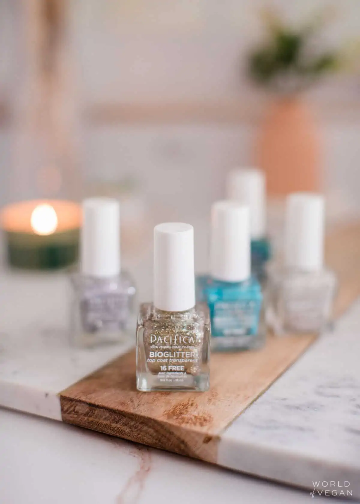 A collection of sparkly vegan nail polish from Pacifica.