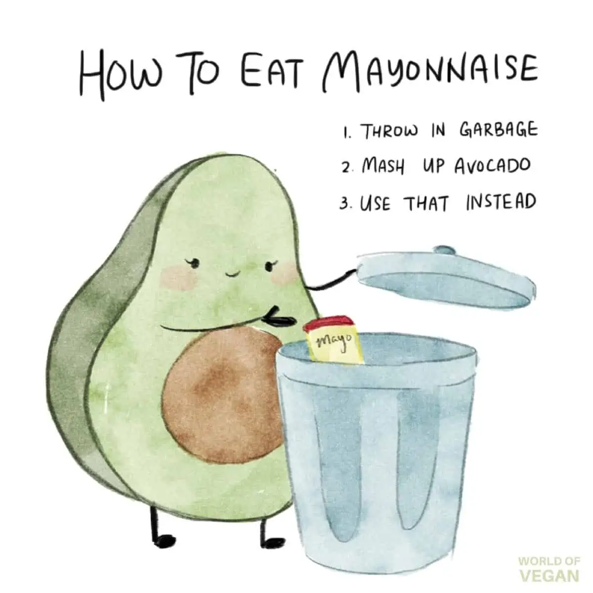 Comic illustration of a cute avocado character throwing a jar of mayo in the garbage can indicating that avocado is nature's mayo.