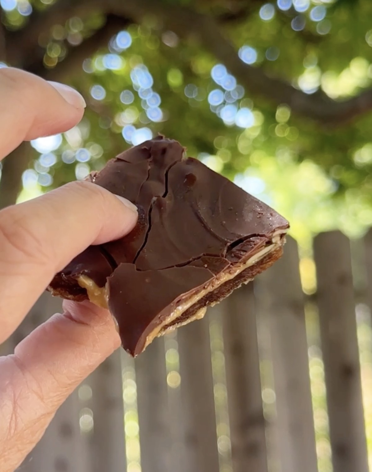 A slice of date bark covered with chocolate.
