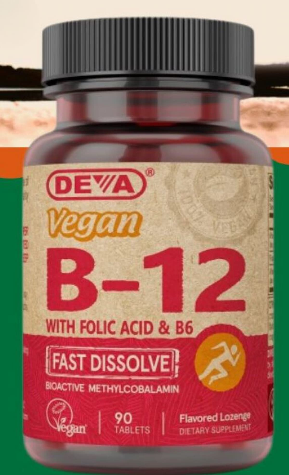 A bottle of Deva brand vegan B12 supplements.