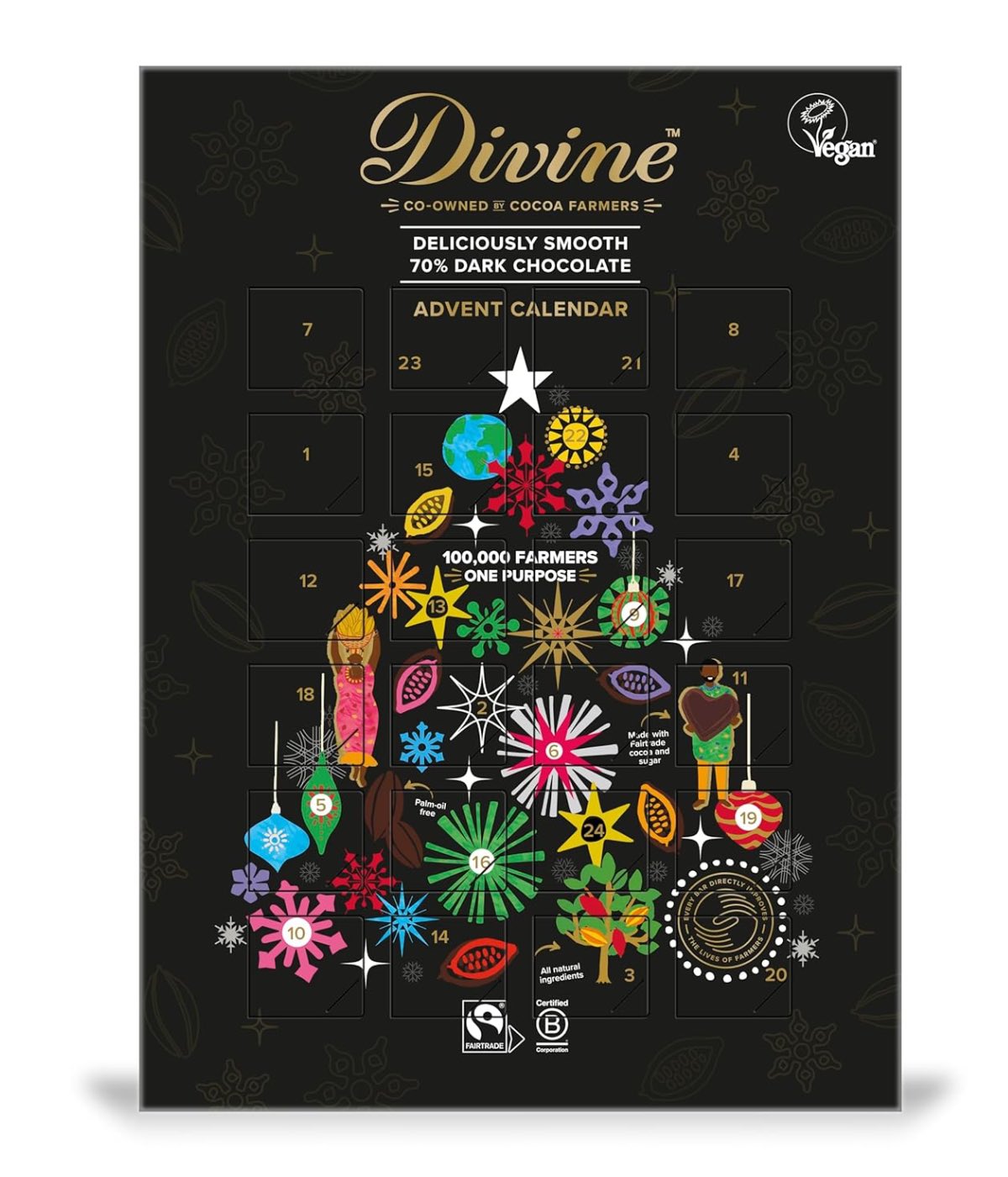 Classy adult advent calendar from Divine chocolates featuring dark chocolate.