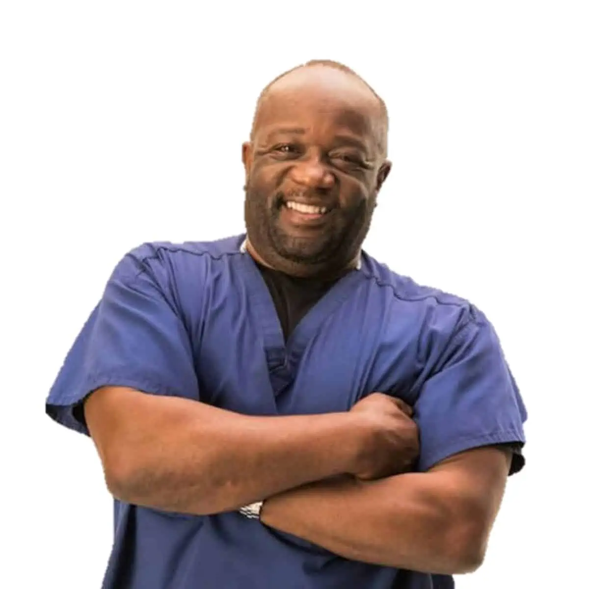 Photo of plant-based doctor Milton Mills wearing a blue scrub outfit.