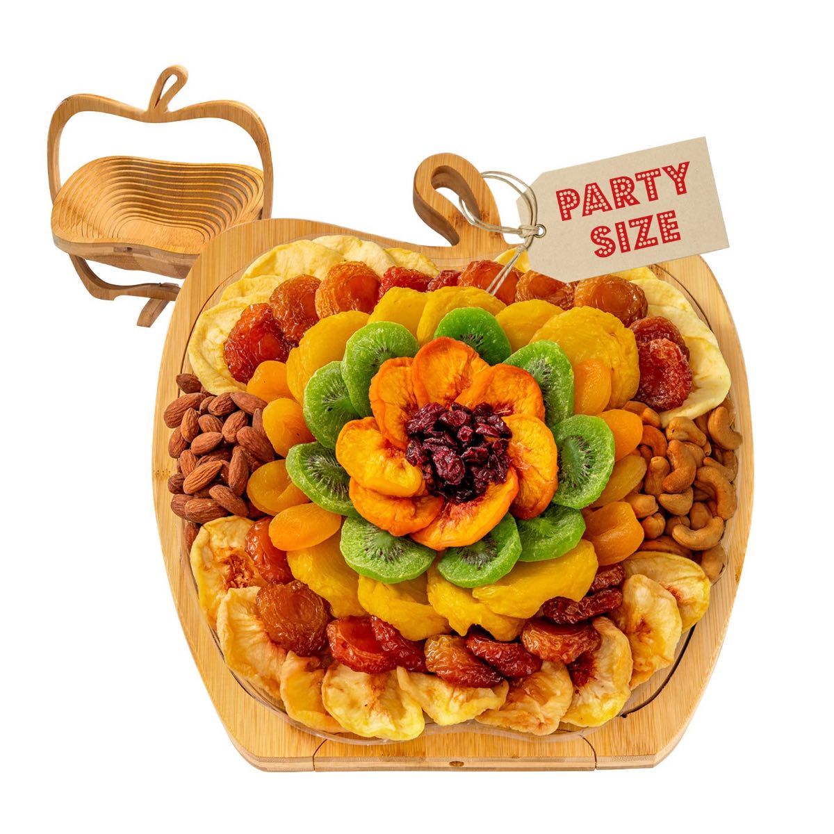 A platter of dried fruit in an apple-shaped basket for gifting.