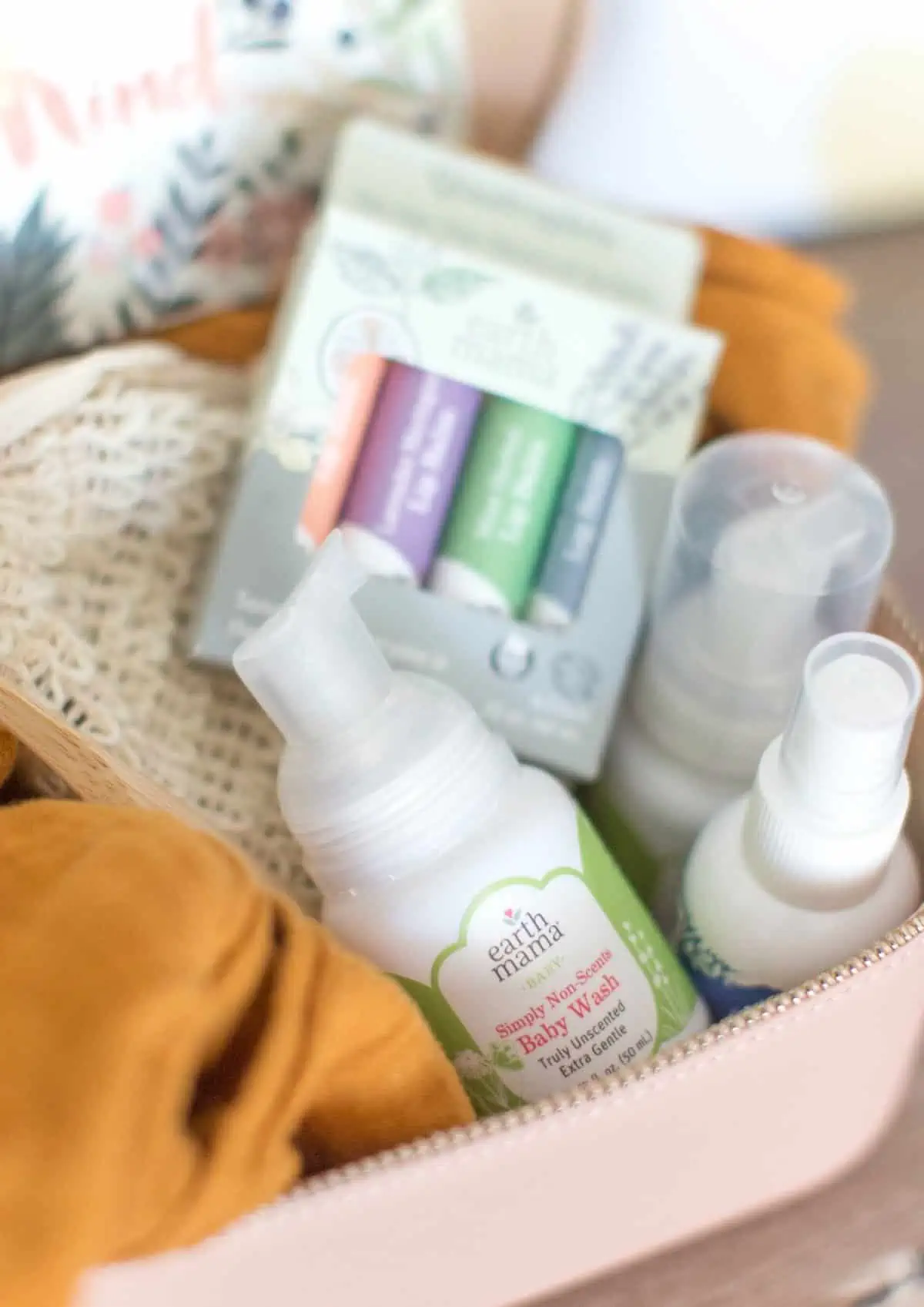 Toiletries bag with lip balm and Earth Mama baby body wash soap.