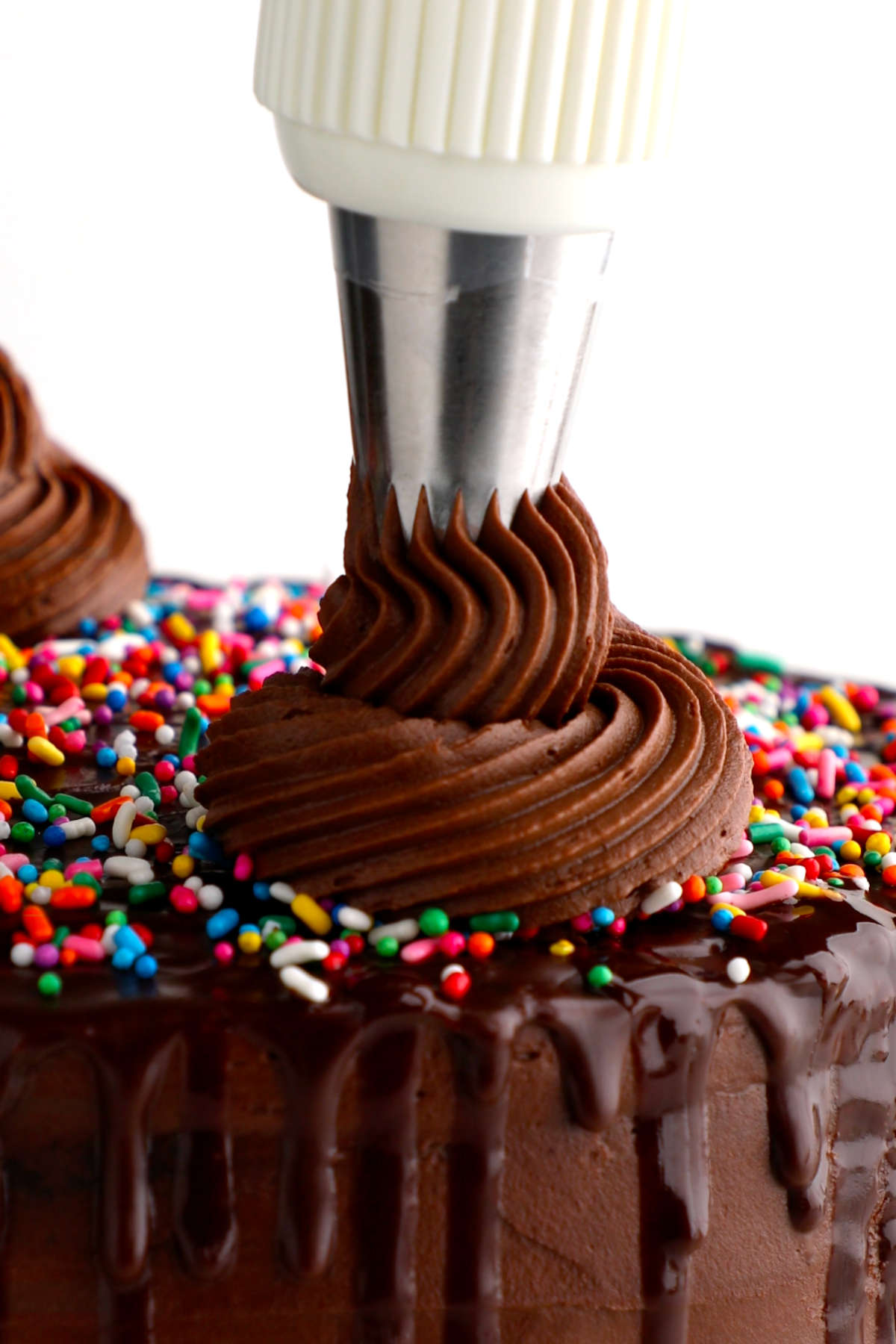 Vegan chocolate frosting being pipped in a swirl on top of a cake.