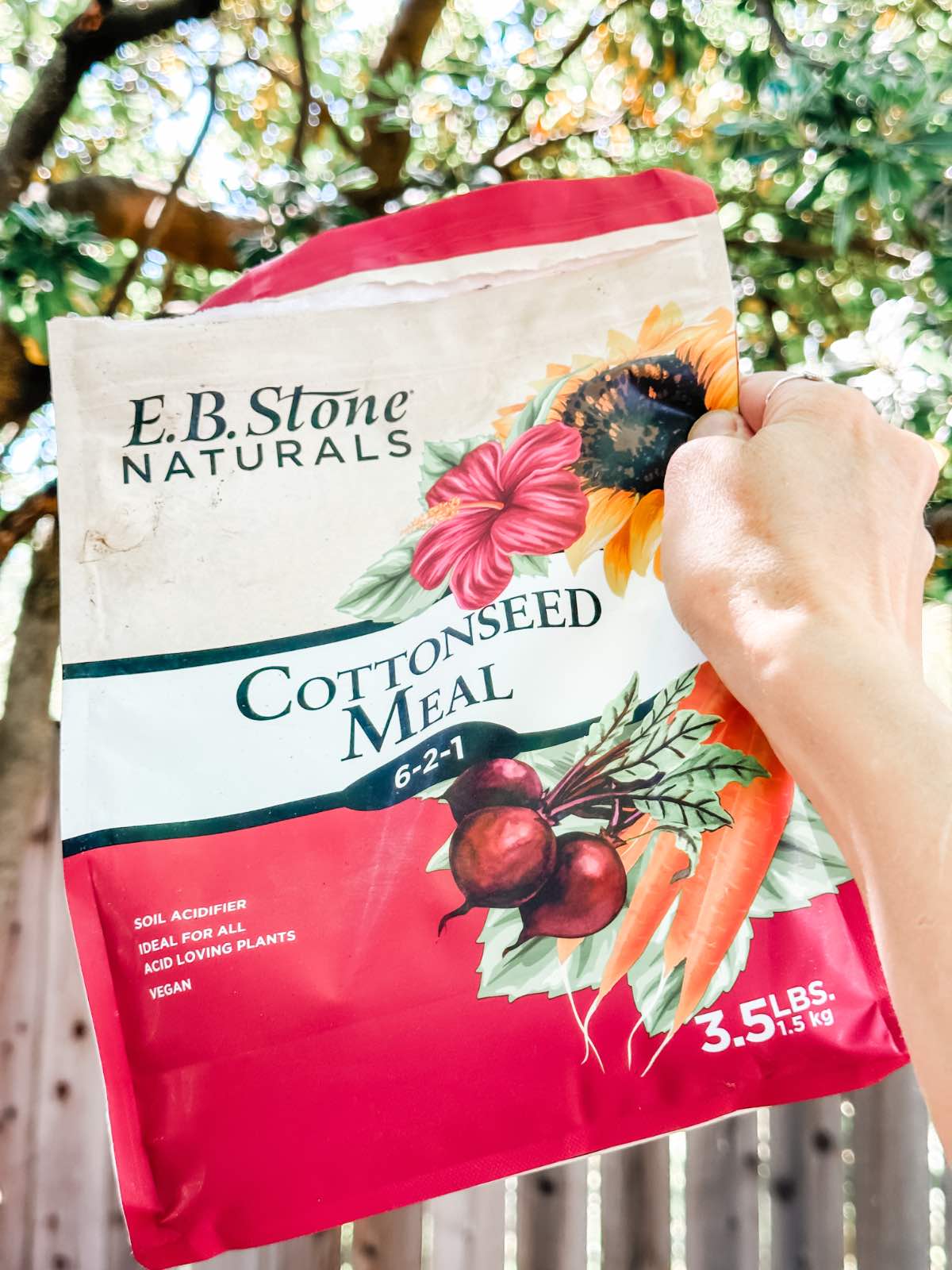 A bag of Cottonseed Meal from E.B. Stone Naturals that's perfect for acidifying soil for acid loving plants like blueberries.