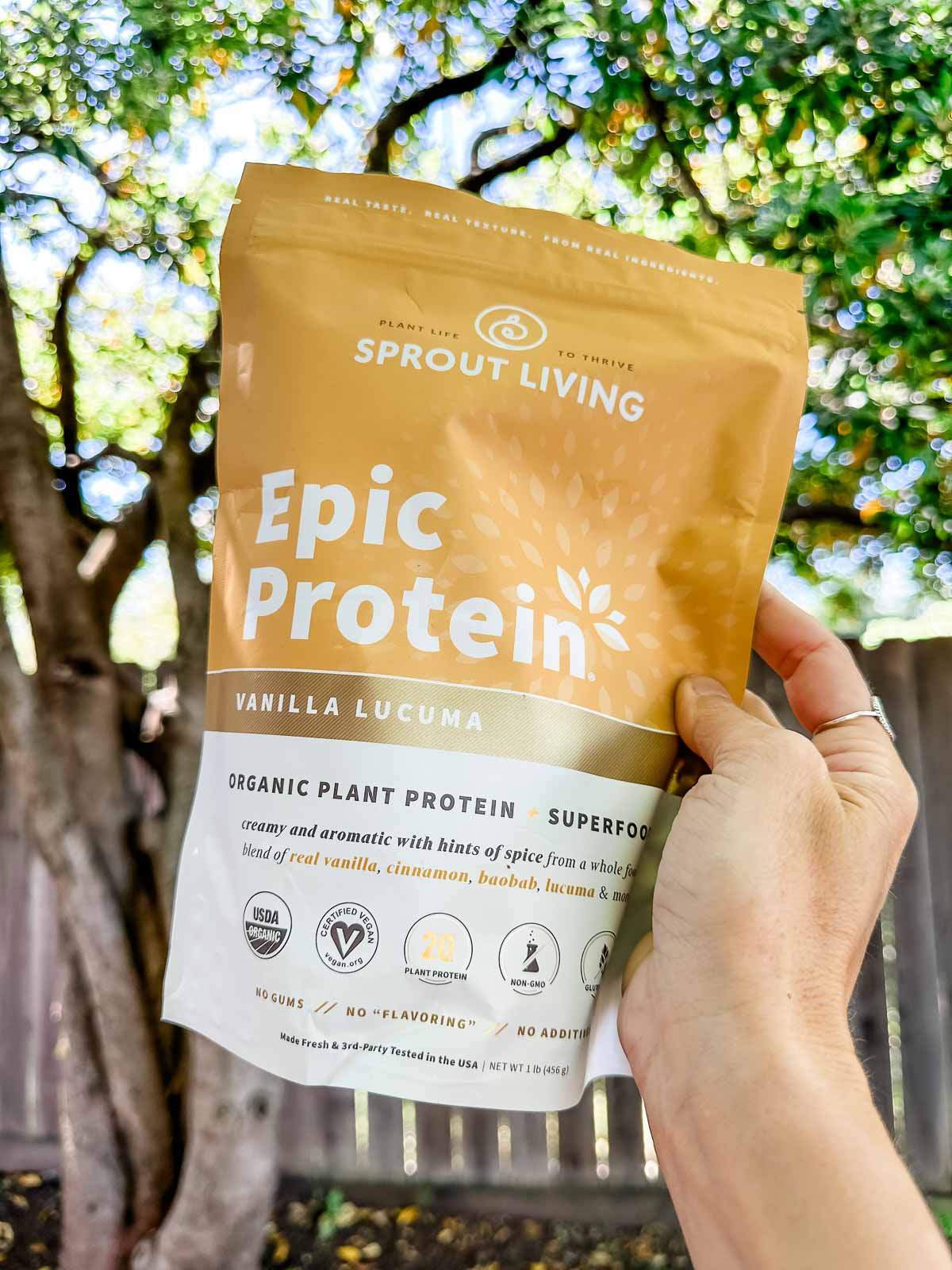 A package of Epic Protein brand vegan protein powder.